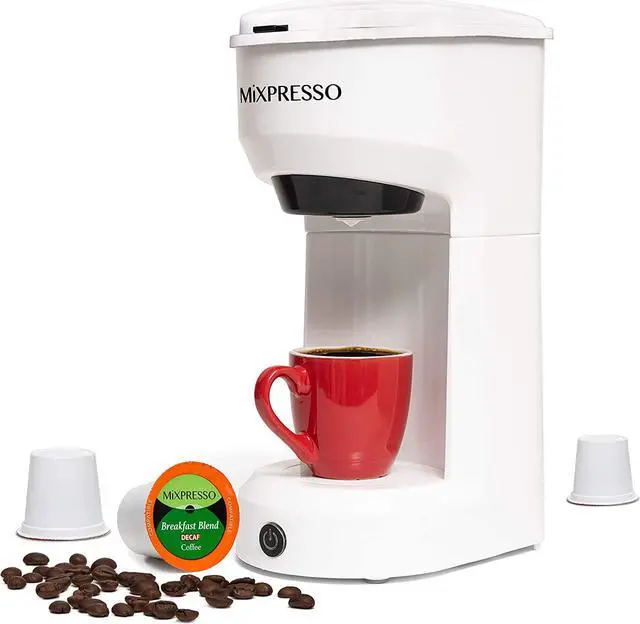 Main image of Mixpresso 2 in 1 Brewer Single Serve Coffee Maker for K Capsule and Ground Coffee, Single Cup Coffee Machine, Compact Size Mini Coffee Maker Quick Brew Technology 14oz White One Cup Coffee Brewer