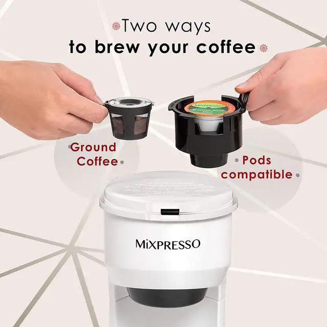 Alt view image 2 of 4 - Mixpresso 2 in 1 Brewer Single Serve Coffee Maker for K Capsule and Ground Coffee, Single Cup Coffee Machine, Compact Size Mini Coffee Maker Quick Brew Technology 14oz White One Cup Coffee Brewer