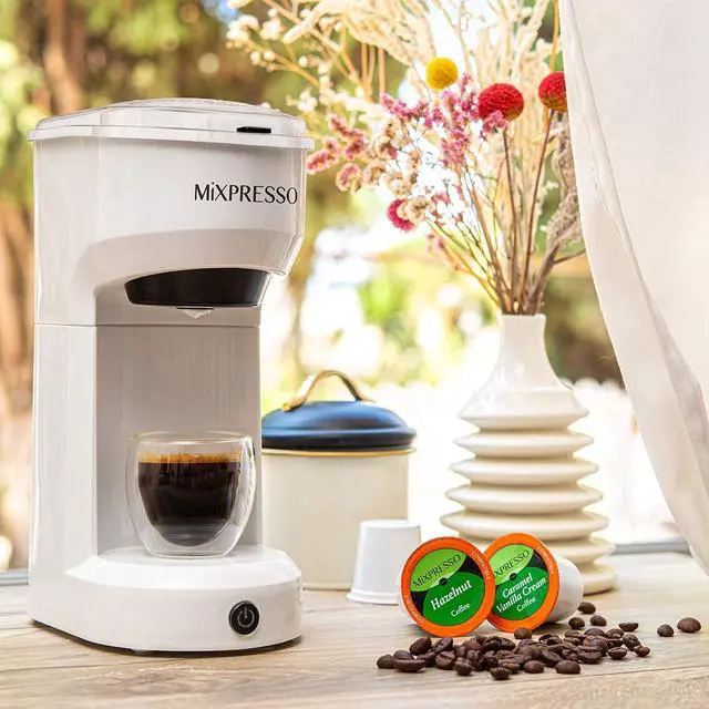 Alt view image 4 of 4 - Mixpresso 2 in 1 Brewer Single Serve Coffee Maker for K Capsule and Ground Coffee, Single Cup Coffee Machine, Compact Size Mini Coffee Maker Quick Brew Technology 14oz White One Cup Coffee Brewer
