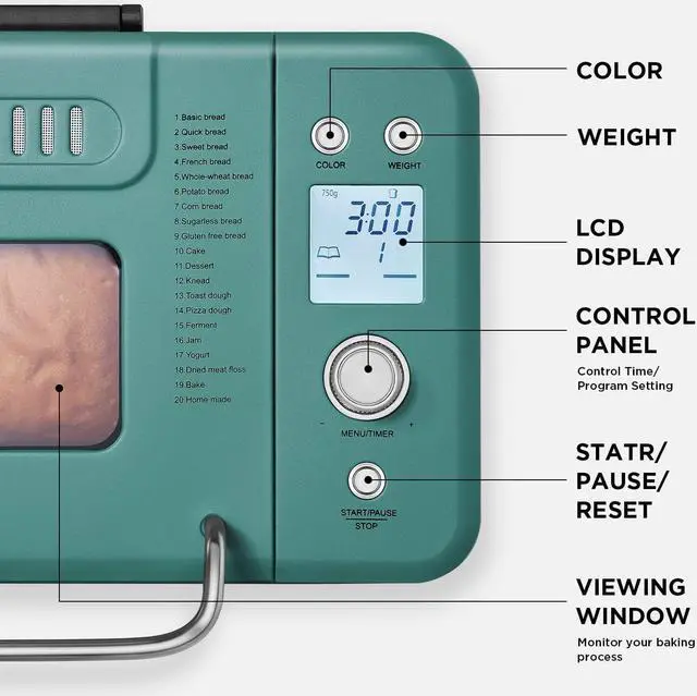Alt view image 6 of 7 - Neretva Bread Maker 20-IN-1, Dual Heater 2LB Bread Machine Stainless Steel Bread Maker Machine Nonstick Ceramic Pan Compact for Gluten Free/Sourdough/Whole Wheat Bread/Yogurt, Breadmaker Recipe-Green