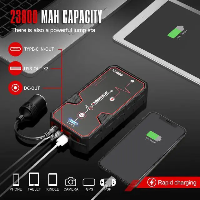 Alt view image 5 of 7 - Car Jump Starter, 2500A Peak 23800mAh 12V Car Battery Starter(Up to All Gas, 8.0L Diesel Engine), with USB Quick Charge 3.0,LED Light,12V DC Output.