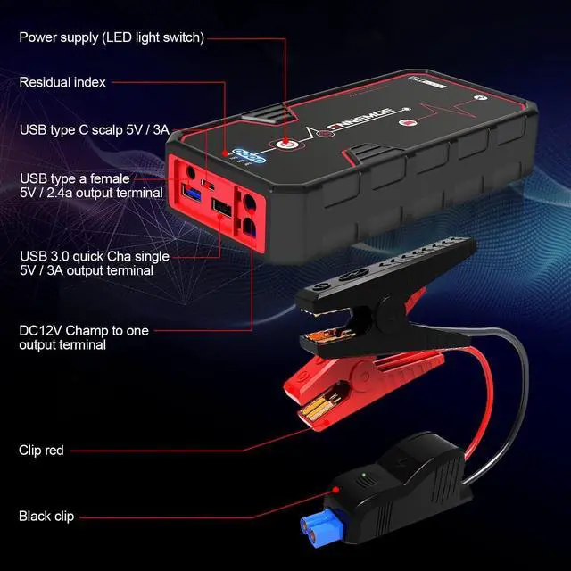 Alt view image 4 of 7 - Car Jump Starter, 2500A Peak 23800mAh 12V Car Battery Starter(Up to All Gas, 8.0L Diesel Engine), with USB Quick Charge 3.0,LED Light,12V DC Output.