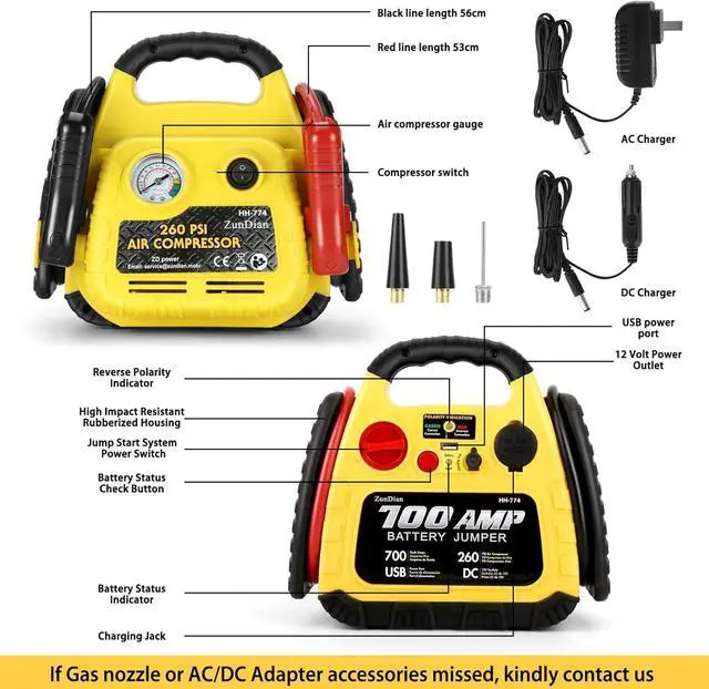 Alt view image 7 of 7 - Jump Starter with Air Compressor 260PSI, 1000A Portable Car Jump Starter, 4-in-1 Battery Booster Pack for Vehicles(3L Gas/Diesel), Safety Jumper Cable with USB/DC Port