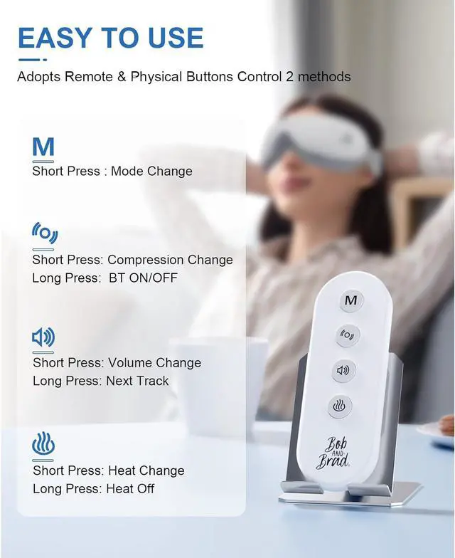 Alt view image 3 of 7 - BOB AND BRAD Eye Massager,EyeOasis 2 Plus - Eye Massager for Migraines with Remote&Heat& Compression&Music,FSA/HSA Eligible, Heated Eye Massage Mask for Dry Eyes Relief Improve Sleep, Ideal Gifts