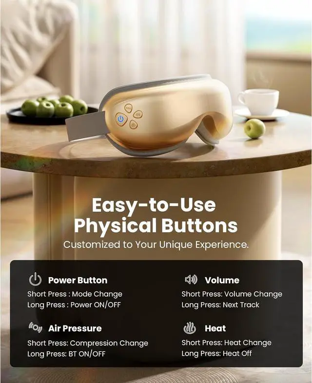 Alt view image 3 of 7 - Bob and Brad Eye Massagerwith Heat and Cooling, Quiet Professional  Eye Machine with Music for Relaxing, Comfort Eye Care Mask for Eyes Strain Relief Improve Sleep, Idea Gift for Men and Women, Gold