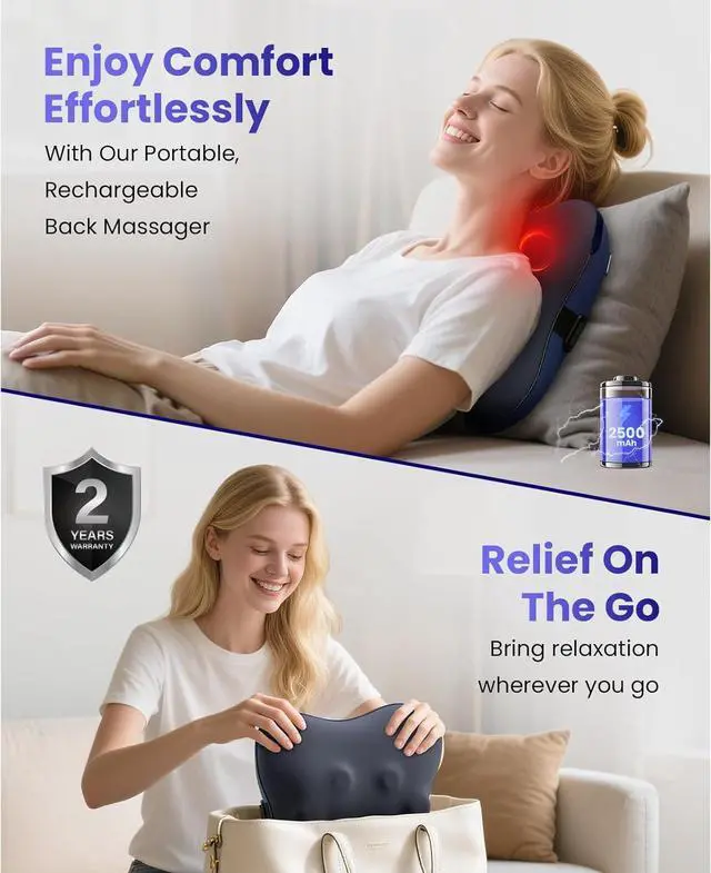 Alt view image 2 of 7 - BOB AND BRAD Back Massager with Heat, Cordless Shiatsu Massagers for Neck and Back, Neck and Shoulder Massager, 3D Kneading Massage Pillow for Muscle Pain Relief, Relaxation Gifts for Women Men
