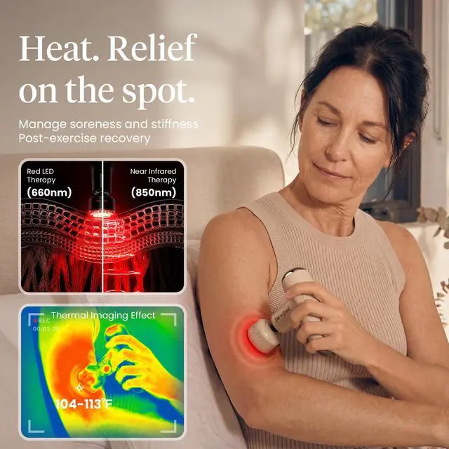Alt view image 2 of 7 - Bob and Brad Q2 Ultra Mini Massage Gun with Red LED Therapy Infrared Heat, 5 speeds, 5 heads, Carry Case