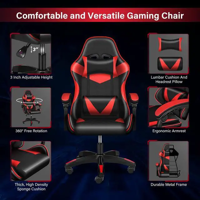 Alt view image 3 of 7 - steelway Gaming Chair Office Chair Desk Chair Computer Chair, Cheap Gaming Chair for Adults, Racing Gamer Chair with Massage Lumbar Support, ergonomic office chair with wheels(Black and Red)