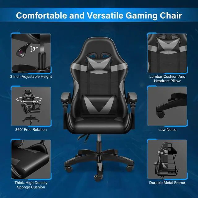 Alt view image 7 of 7 - steelway Gaming Chair Office Chair Desk Chair Computer Chair, Cheap Gaming Chair for Adults, Racing Gamer Chair with Massage Lumbar Support, ergonomic office chair with wheels(Black and Gray)