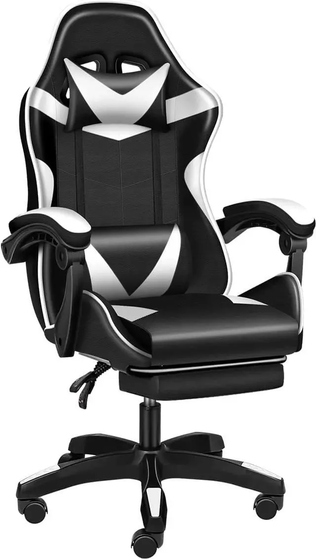 Main image of Steelway Gaming Chair, Office Chair,Leather Racing Style Desk Chair,Massage Gaming Chair for Adults and Kids,Adjustable Swivel Task Chair with Lumbar Support, Headrest Pillow and Footrest(Black&White)