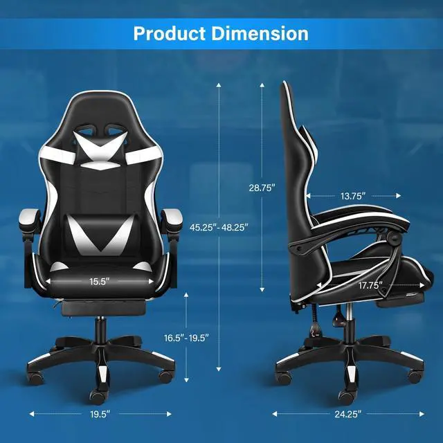 Alt view image 3 of 6 - Steelway Gaming Chair, Office Chair,Leather Racing Style Desk Chair,Massage Gaming Chair for Adults and Kids,Adjustable Swivel Task Chair with Lumbar Support, Headrest Pillow and Footrest(Black&White)