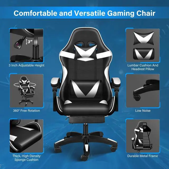 Alt view image 4 of 6 - Steelway Gaming Chair, Office Chair,Leather Racing Style Desk Chair,Massage Gaming Chair for Adults and Kids,Adjustable Swivel Task Chair with Lumbar Support, Headrest Pillow and Footrest(Black&White)