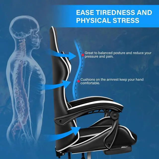 Alt view image 2 of 6 - Steelway Gaming Chair, Office Chair,Leather Racing Style Desk Chair,Massage Gaming Chair for Adults and Kids,Adjustable Swivel Task Chair with Lumbar Support, Headrest Pillow and Footrest(Black&White)