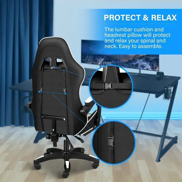 Alt view image 6 of 6 - Steelway Gaming Chair, Office Chair,Leather Racing Style Desk Chair,Massage Gaming Chair for Adults and Kids,Adjustable Swivel Task Chair with Lumbar Support, Headrest Pillow and Footrest(Black&White)