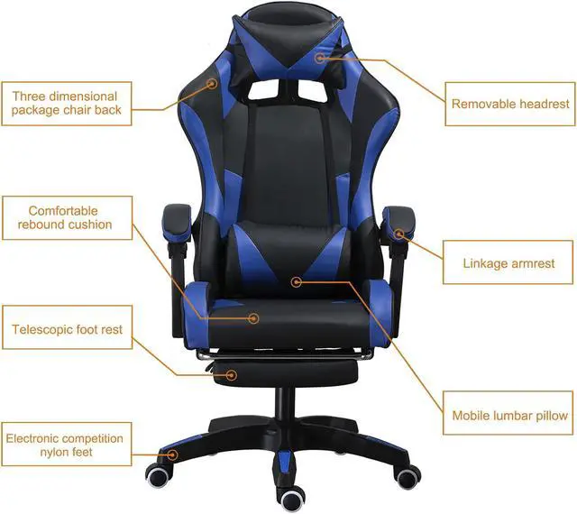Alt view image 4 of 5 - Steelway Gaming Chair, Office Chair, Leather Racing Style Massage Gaming Chairs for Adults and Kids,Adjustable Swivel Task Chair with Lumbar Support, Headrest Pillow and Footrest(Black&Blue)
