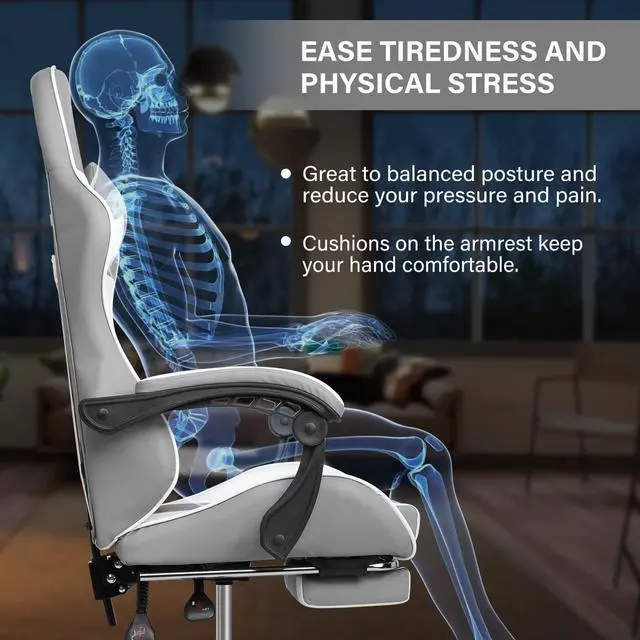 Alt view image 2 of 7 - Steelway Gaming Chair, Office Chair Leather Racing Style,Massage Gaming Chairs for Adults and Kids,Adjustable Swivel Task Chair with Lumbar Support, Headrest Pillow and Footrest(Grey&White)