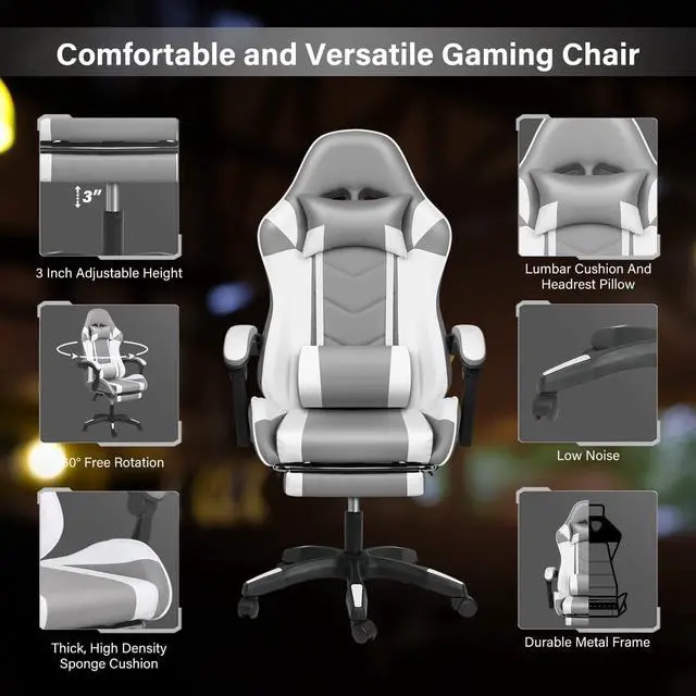 Alt view image 3 of 7 - Steelway Gaming Chair, Office Chair Leather Racing Style,Massage Gaming Chairs for Adults and Kids,Adjustable Swivel Task Chair with Lumbar Support, Headrest Pillow and Footrest(Grey&White)