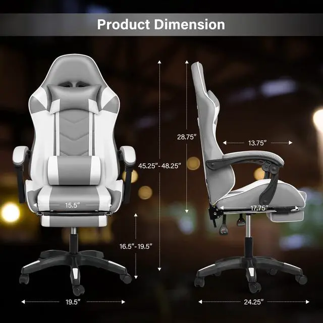 Alt view image 4 of 7 - Steelway Gaming Chair, Office Chair Leather Racing Style,Massage Gaming Chairs for Adults and Kids,Adjustable Swivel Task Chair with Lumbar Support, Headrest Pillow and Footrest(Grey&White)