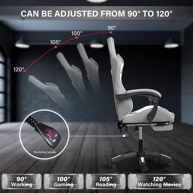 Alt view image 5 of 7 - Steelway Gaming Chair, Office Chair Leather Racing Style,Massage Gaming Chairs for Adults and Kids,Adjustable Swivel Task Chair with Lumbar Support, Headrest Pillow and Footrest(Grey&White)