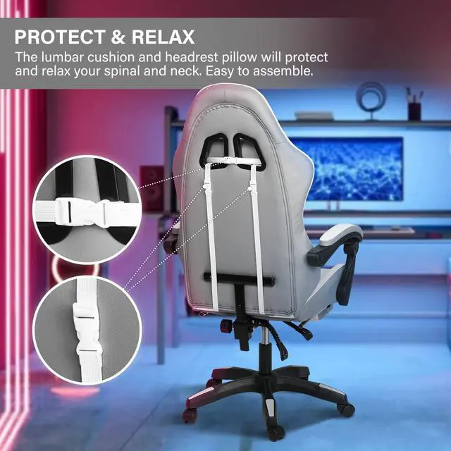 Alt view image 6 of 7 - Steelway Gaming Chair, Office Chair Leather Racing Style,Massage Gaming Chairs for Adults and Kids,Adjustable Swivel Task Chair with Lumbar Support, Headrest Pillow and Footrest(Grey&White)