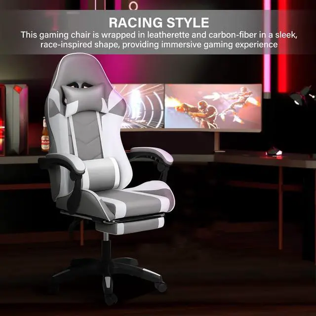 Alt view image 7 of 7 - Steelway Gaming Chair, Office Chair Leather Racing Style,Massage Gaming Chairs for Adults and Kids,Adjustable Swivel Task Chair with Lumbar Support, Headrest Pillow and Footrest(Grey&White)