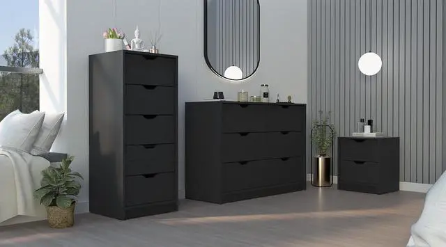 Main image of Stockley 3 Piece Bedroom Set, Nightstand + Dresser + Dresser, Black