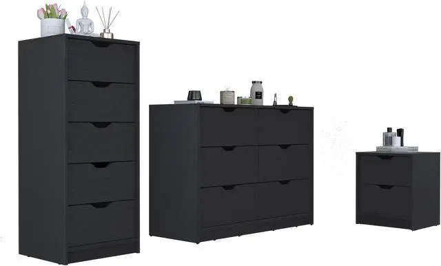 Alt view image 2 of 7 - Stockley 3 Piece Bedroom Set, Nightstand + Dresser + Dresser, Black