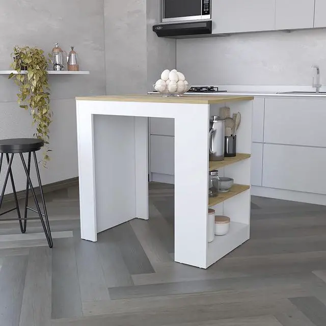 Main image of Kitchen Island with Three Side Shelves Doyle, White / Light Oak