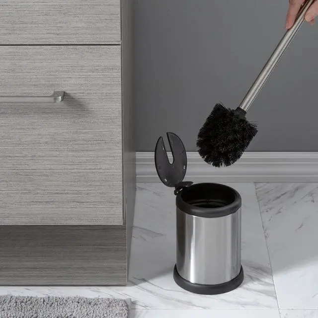 Alt view image 6 of 7 - Bath Bliss Toilet Bowl Brush and Holder with Self Closing Lid Space Saver Deep Cleaning Finger Print Proof Finish Hygienic 4.5" Round by 14.75" high Stainless Steel