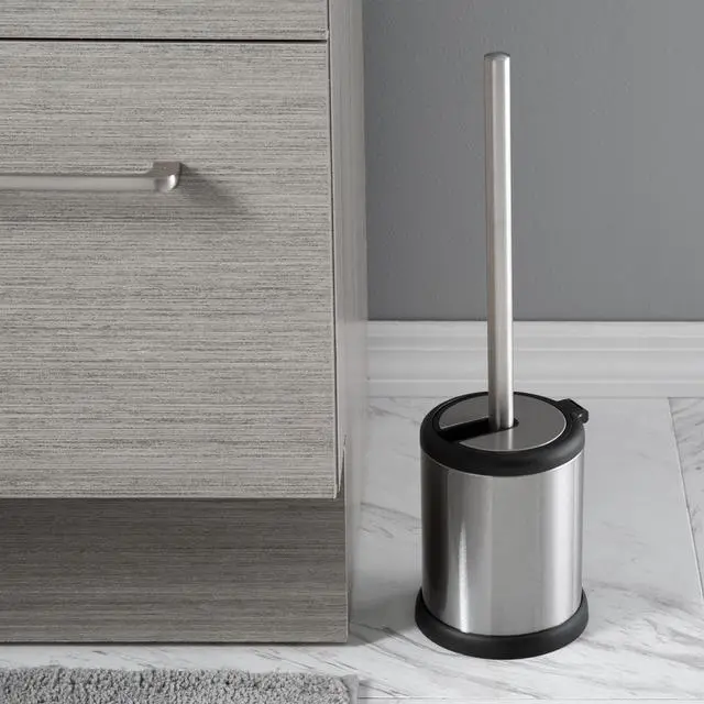 Alt view image 7 of 7 - Bath Bliss Toilet Bowl Brush and Holder with Self Closing Lid Space Saver Deep Cleaning Finger Print Proof Finish Hygienic 4.5" Round by 14.75" high Stainless Steel