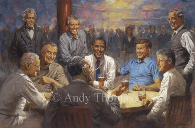 Main image of The Democratic Club US Presidents by Andy Thomas Paper Print Open Edition 13x19 A captivating scene of past Democratic presidents engaged in conversation