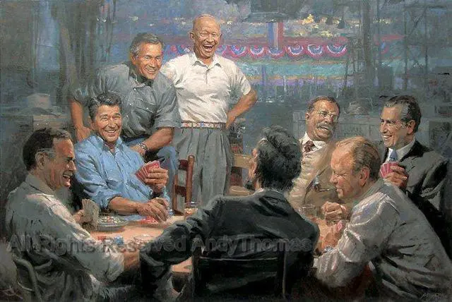 Main image of Grand Ol' Gang - Republican Presidents Playing Poker by Andy Thomas - Open Edition Paper Print - 12 x 18 | A Fun GaThering of Historical Leaders in Relaxed Conversation