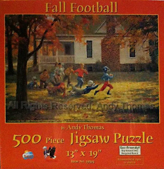 Main image of Fall Football 500 Piece Jigsaw Puzzle by Andy Thomas - Relive The joy of backyard games with this nostalgic puzzle featuring lively scenes of autumn playtime, 13" x 19".