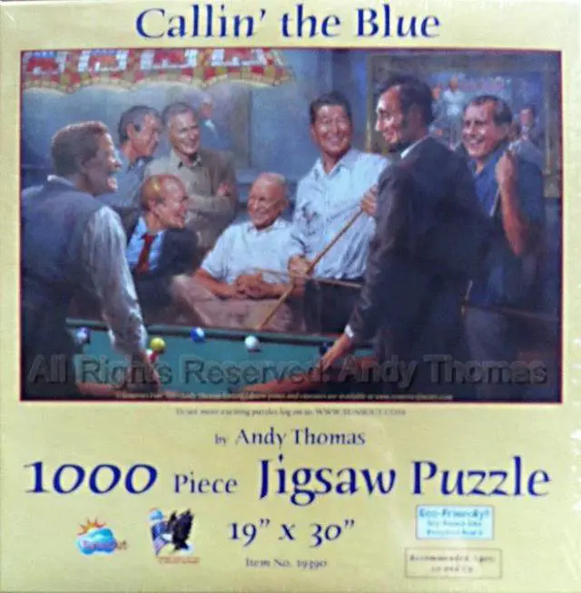 Main image of Callin' The Blue 1000 Piece Jigsaw Puzzle by Andy Thomas Enjoy a fun puzzle featuring US Presidents Playing Pool including Lincoln Roosevelt & Reagan in a Grand Ol' Party scene