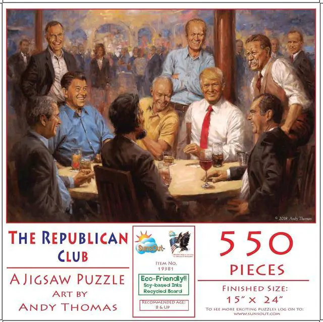 Main image of The Republican Club 550 Piece Jigsaw Puzzle by Andy Thomas 15" x 24" finished size perfect for family fun & relaxation anytime Enjoy a delightful challenge w this engaging puzzle