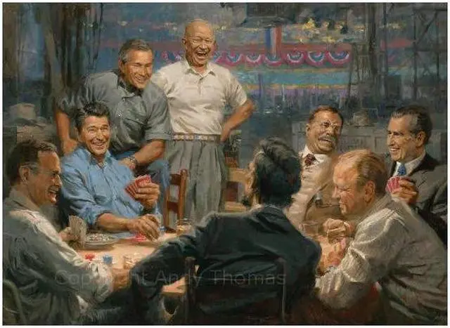 Main image of Grand Ol' Gang Notecards by Andy Thomas - Set of 10 - 4"x6" Cards Featuring Republican Presidents Playing Poker - A whimsical look at historic leaders sharing laughs and stories.