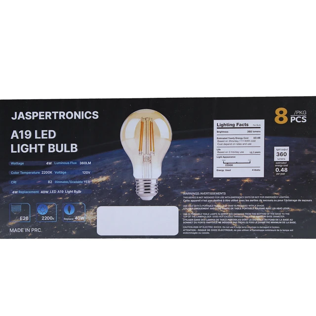 Alt view image 5 of 7 - Jaspertronics A19 Vintage Edison LED Filament Bulbs, E26 Base, 4W 25W Equivalent, 180 Lumens, 1800K Extra Warm White, Dimmable, Pack of 8