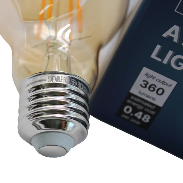 Alt view image 7 of 7 - Jaspertronics A19 Vintage Edison LED Filament Bulbs, E26 Base, 4W 25W Equivalent, 180 Lumens, 1800K Extra Warm White, Dimmable, Pack of 8