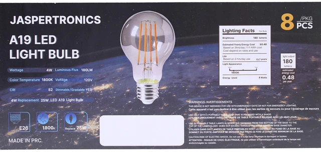 Alt view image 4 of 7 - Jaspertronics A19 Vintage Edison LED Filament Bulbs, E26 Base, 4W 25W Equivalent, 180 Lumens, 1800K Extra Warm White, Dimmable, Pack of 8