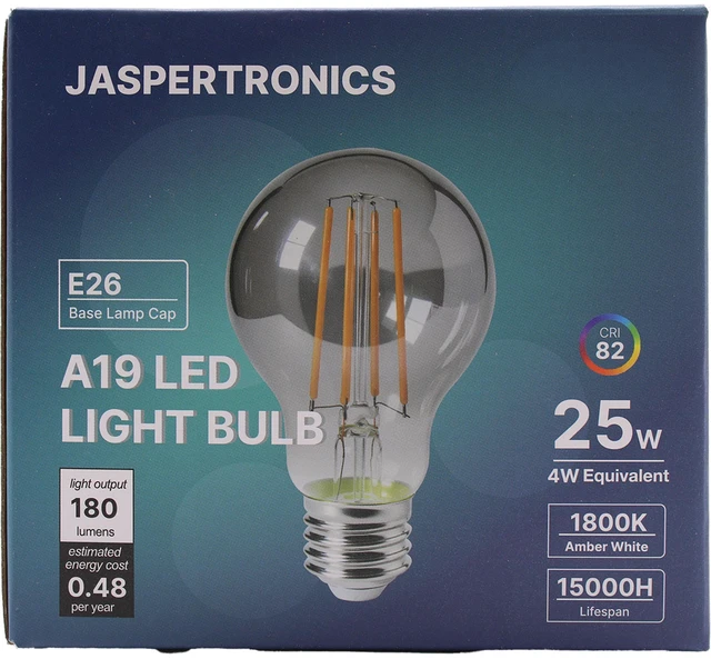 Alt view image 5 of 7 - Jaspertronics A19 Vintage Edison LED Filament Bulbs, E26 Base, 4W 25W Equivalent, 180 Lumens, 1800K Extra Warm White, Dimmable, Pack of 8