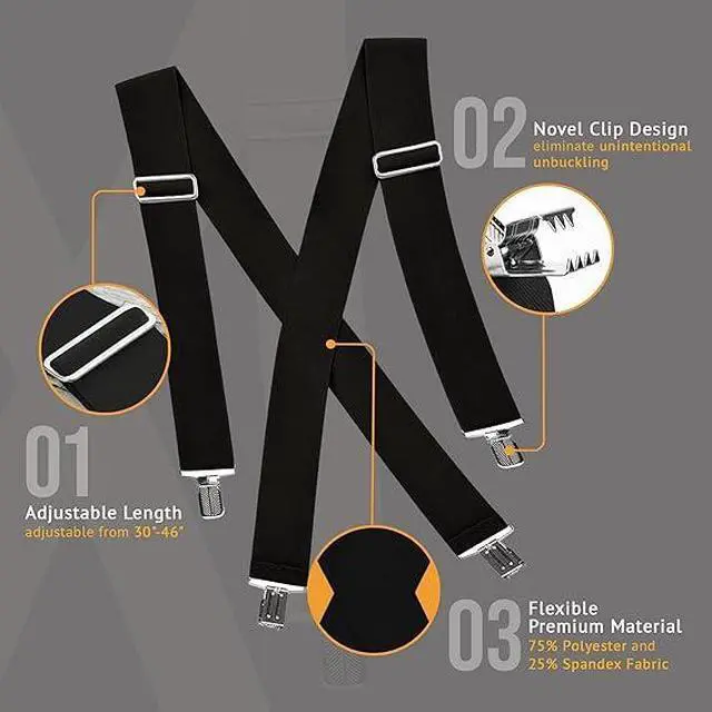 Alt view image 3 of 7 - Hold'Em X-Back Mens Suspenders, Adjustable and Stretchable Suspenders for Men, Durable Straight Clip-On Suspenders, Clothing Accessories for Casual and Formal Outfits, Black