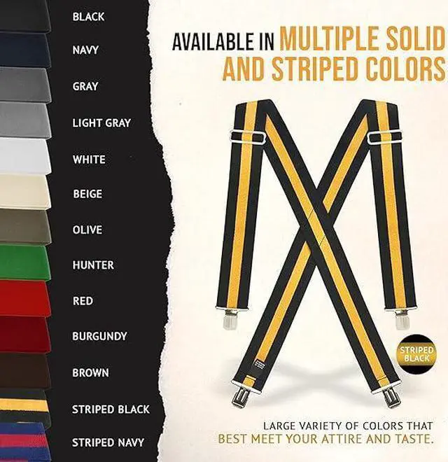 Alt view image 6 of 7 - Hold'Em X-Back Mens Suspenders, Adjustable and Stretchable Suspenders for Men, Durable Straight Clip-On Suspenders, Clothing Accessories for Casual and Formal Outfits, Black Striped