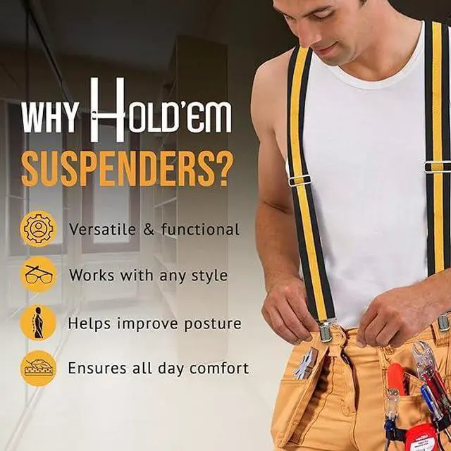 Alt view image 7 of 7 - Hold'Em X-Back Mens Suspenders, Adjustable and Stretchable Suspenders for Men, Durable Straight Clip-On Suspenders, Clothing Accessories for Casual and Formal Outfits, Black Striped