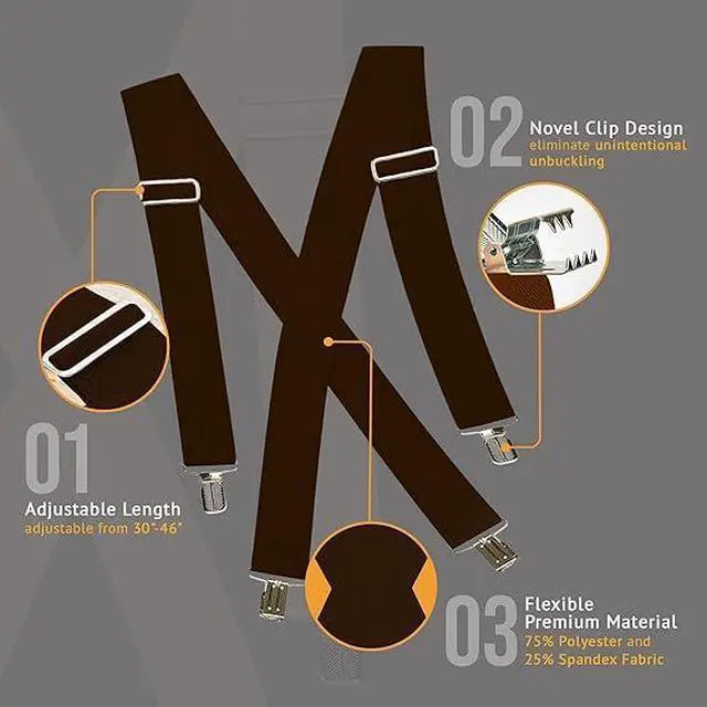 Alt view image 3 of 7 - Hold'Em X-Back Mens Suspenders, Adjustable and Stretchable Suspenders for Men, Durable Straight Clip-On Suspenders, Clothing Accessories for Casual and Formal Outfits, Brown