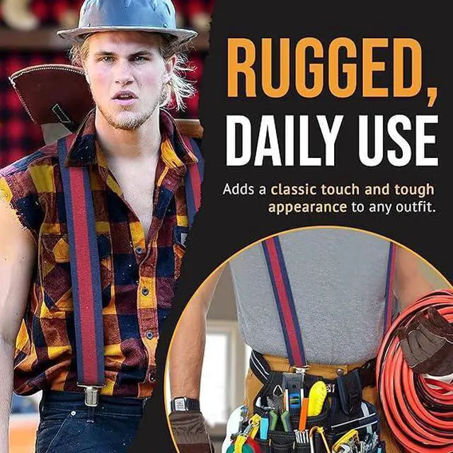 Alt view image 2 of 7 - Hold'Em X-Back Mens Suspenders, Adjustable and Stretchable Suspenders for Men, Durable Straight Clip-On Suspenders, Clothing Accessories for Casual and Formal Outfits, Navy Striped