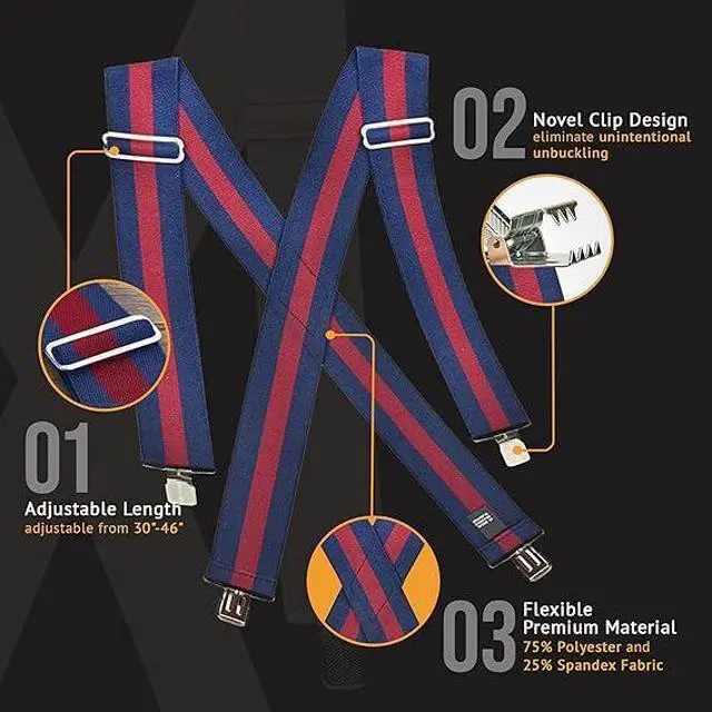 Alt view image 3 of 7 - Hold'Em X-Back Mens Suspenders, Adjustable and Stretchable Suspenders for Men, Durable Straight Clip-On Suspenders, Clothing Accessories for Casual and Formal Outfits, Navy Striped
