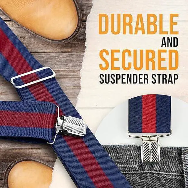 Alt view image 4 of 7 - Hold'Em X-Back Mens Suspenders, Adjustable and Stretchable Suspenders for Men, Durable Straight Clip-On Suspenders, Clothing Accessories for Casual and Formal Outfits, Navy Striped