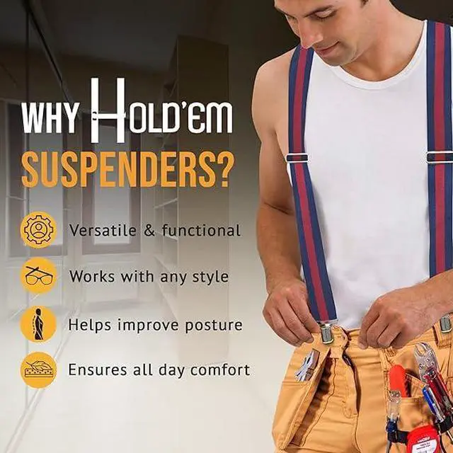 Alt view image 7 of 7 - Hold'Em X-Back Mens Suspenders, Adjustable and Stretchable Suspenders for Men, Durable Straight Clip-On Suspenders, Clothing Accessories for Casual and Formal Outfits, Navy Striped