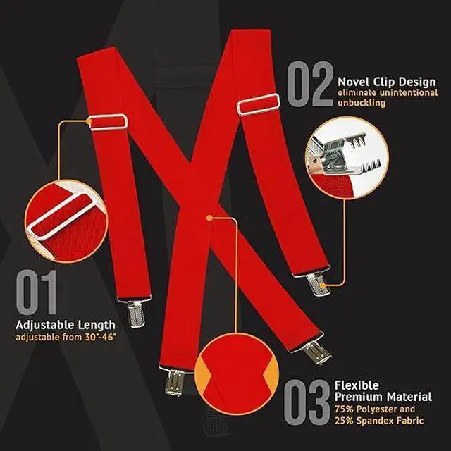 Alt view image 3 of 7 - Hold'Em X-Back Mens Suspenders, Adjustable and Stretchable Suspenders for Men, Durable Straight Clip-On Suspenders, Clothing Accessories for Casual and Formal Outfits, Red