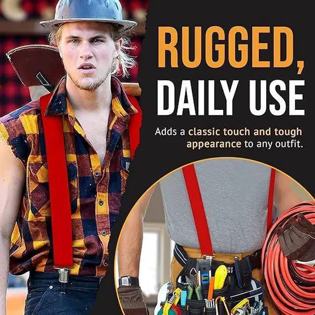 Alt view image 2 of 7 - Hold'Em X-Back Mens Suspenders, Adjustable and Stretchable Suspenders for Men, Durable Straight Clip-On Suspenders, Clothing Accessories for Casual and Formal Outfits, Red